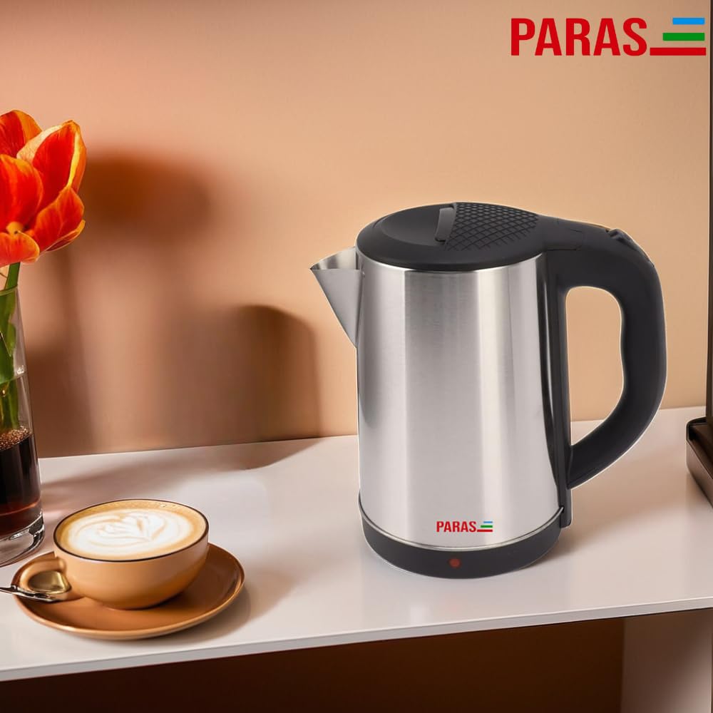 PARAS Electric Kettle | 2000W | 1.8L | Cylindrical SS Body | Cordless Base | Wide Mouth | Auto Cut-off, Detachable 360 Degree Connector |