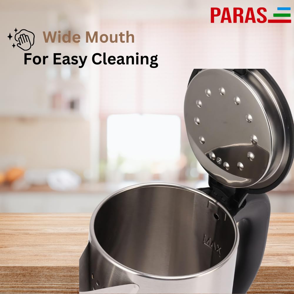 PARAS Electric Kettle | 2000W | 1.8L | Cylindrical SS Body | Cordless Base | Wide Mouth | Auto Cut-off, Detachable 360 Degree Connector |