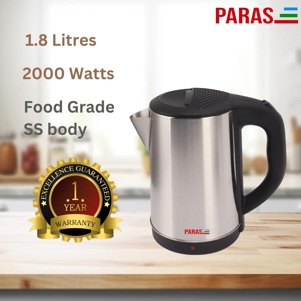 PARAS Electric Kettle | 2000W | 1.8L | Cylindrical SS Body | Cordless Base | Wide Mouth | Auto Cut-off, Detachable 360 Degree Connector |