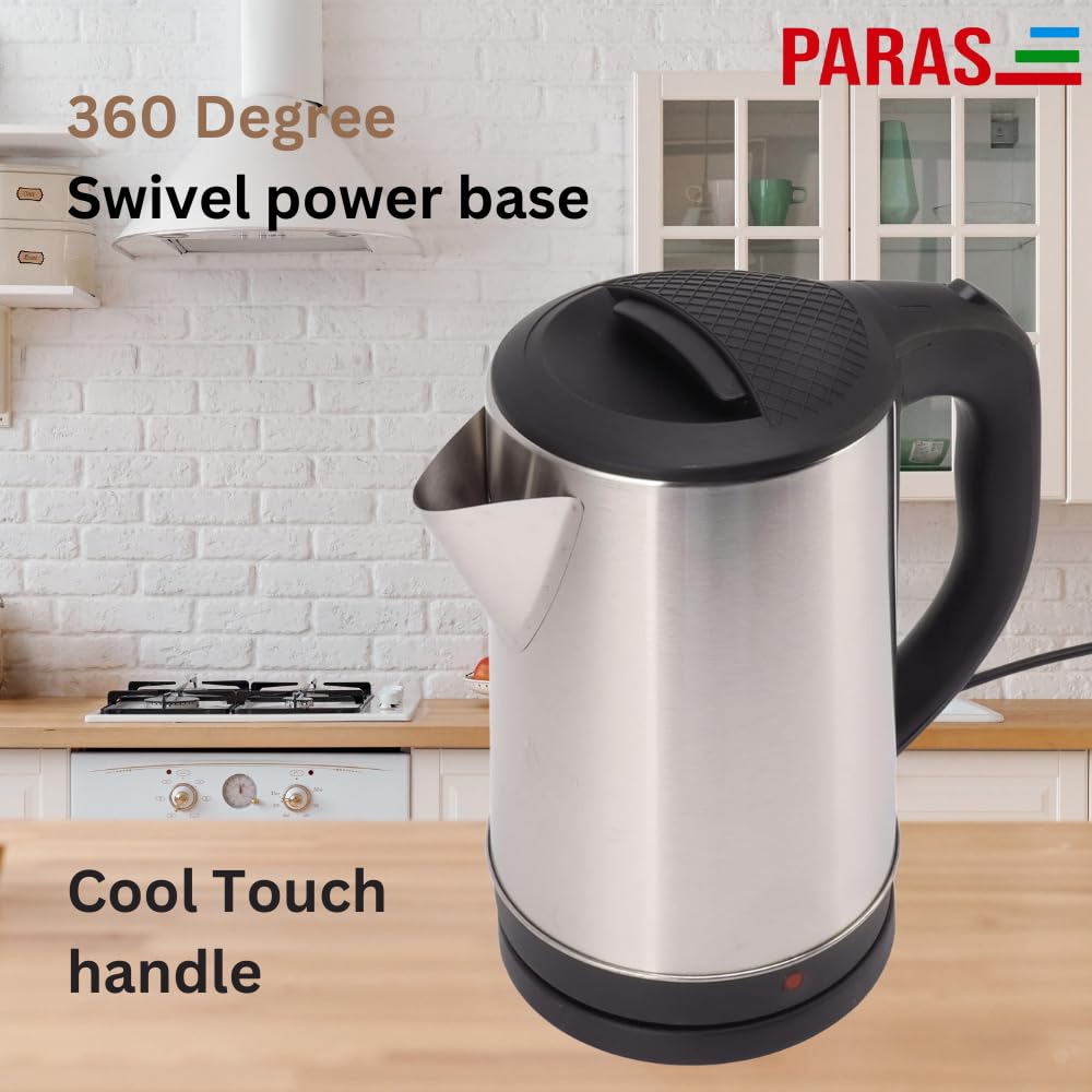 PARAS Electric Kettle | 2000W | 1.8L | Cylindrical SS Body | Cordless Base | Wide Mouth | Auto Cut-off, Detachable 360 Degree Connector |