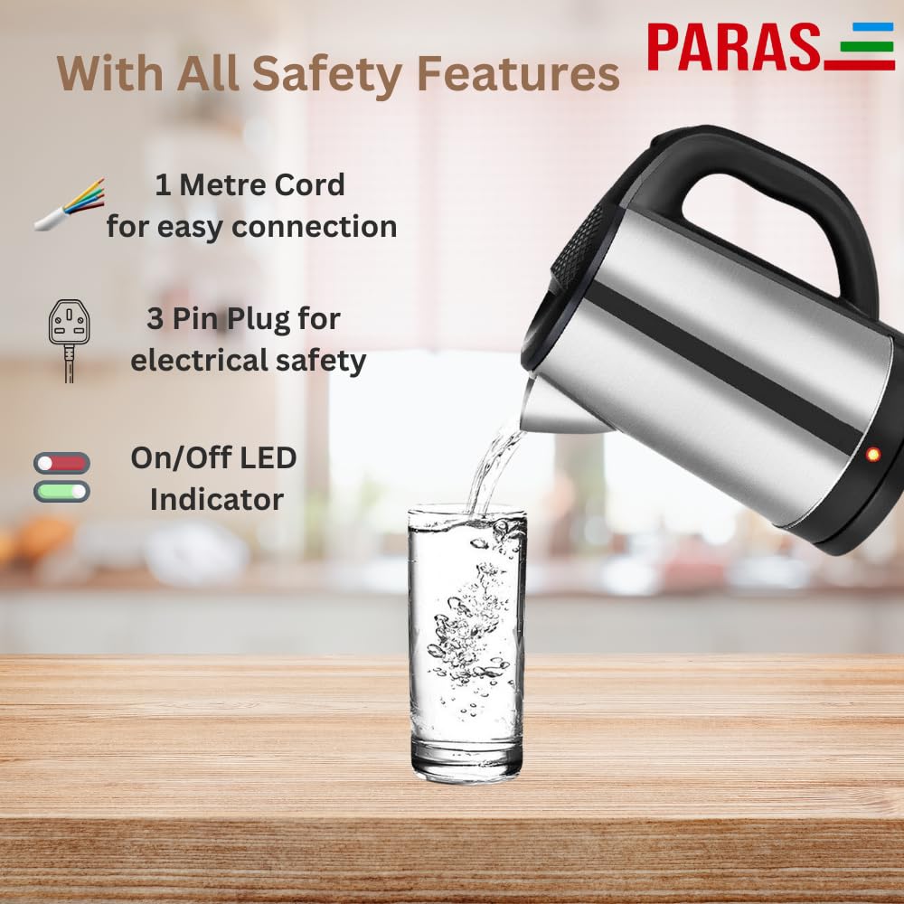 PARAS Electric Kettle | 2000W | 1.8L | Cylindrical SS Body | Cordless Base | Wide Mouth | Auto Cut-off, Detachable 360 Degree Connector |