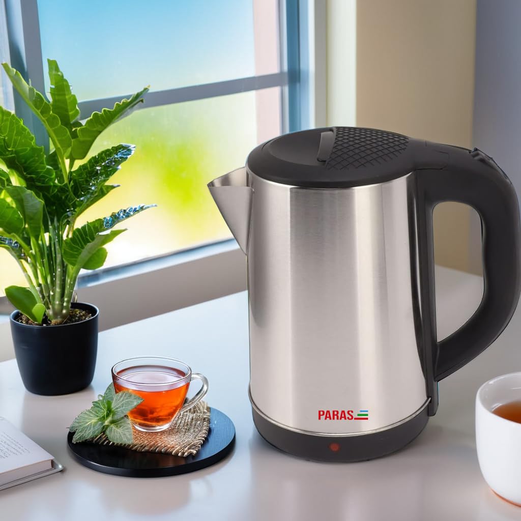 PARAS Electric Kettle | 2000W | 1.8L | Cylindrical SS Body | Cordless Base | Wide Mouth | Auto Cut-off, Detachable 360 Degree Connector |