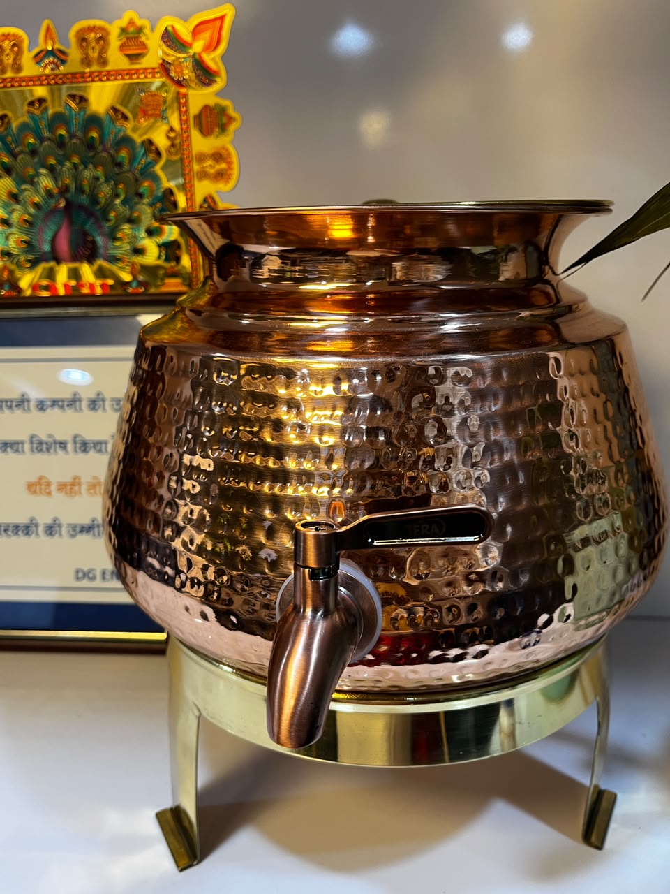 Paras Premium Hammered Copper Water Dispenser with Brass Lid & Stand, 5L