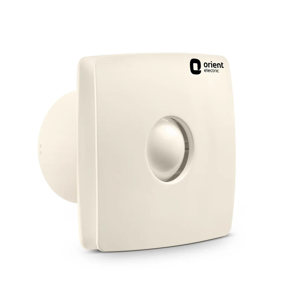 An off-white square wall switch with a central circular button and the 'orient electric' logo printed in black on the top right, set against a plain white background.
