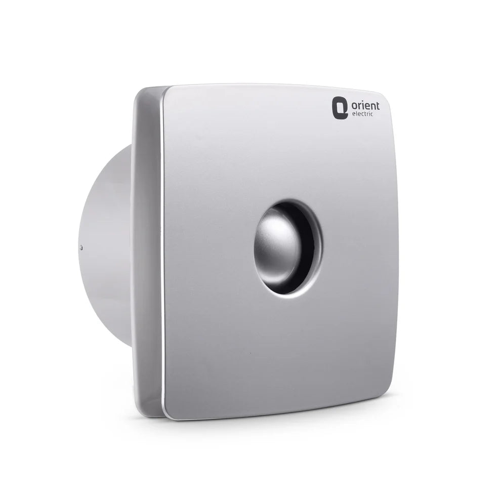 A square silver wall-mounted exhaust fan by Orient, featuring a circular central opening and a visible mounting flange on the left, set against a plain white background.