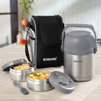 Borosil insulated stainless steel lunch box set with two food containers, carrying bag, and spoon, designed to keep food hot or cold for hours. Ideal for office, school, travel, and everyday meal storage.