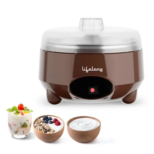 A brown and silver electric yogurt maker with a clear lid, shown on a white background with three bowls of yogurt and fruit garnish in the foreground. The brand name 'lifelong' is printed on the front.