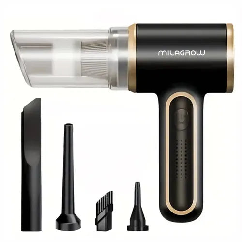 Milagrow Duster Gold portable handheld vacuum cleaner and blower in black and gold finish with multiple cleaning nozzles and attachments, designed for cleaning cars, homes, offices, keyboards, and hard-to-reach spaces.