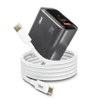 GM G+ Dual-Tone 24W GaN Fast Charging Adapter with 60W USB-C to USB-C Cable, featuring USB-C Power Delivery (PD) and USB-A QC 3.0 dual ports for fast charging smartphones, tablets, iPhone, Samsung Galaxy, Google Pixel, OnePlus, iPad, and other USB-C devices.