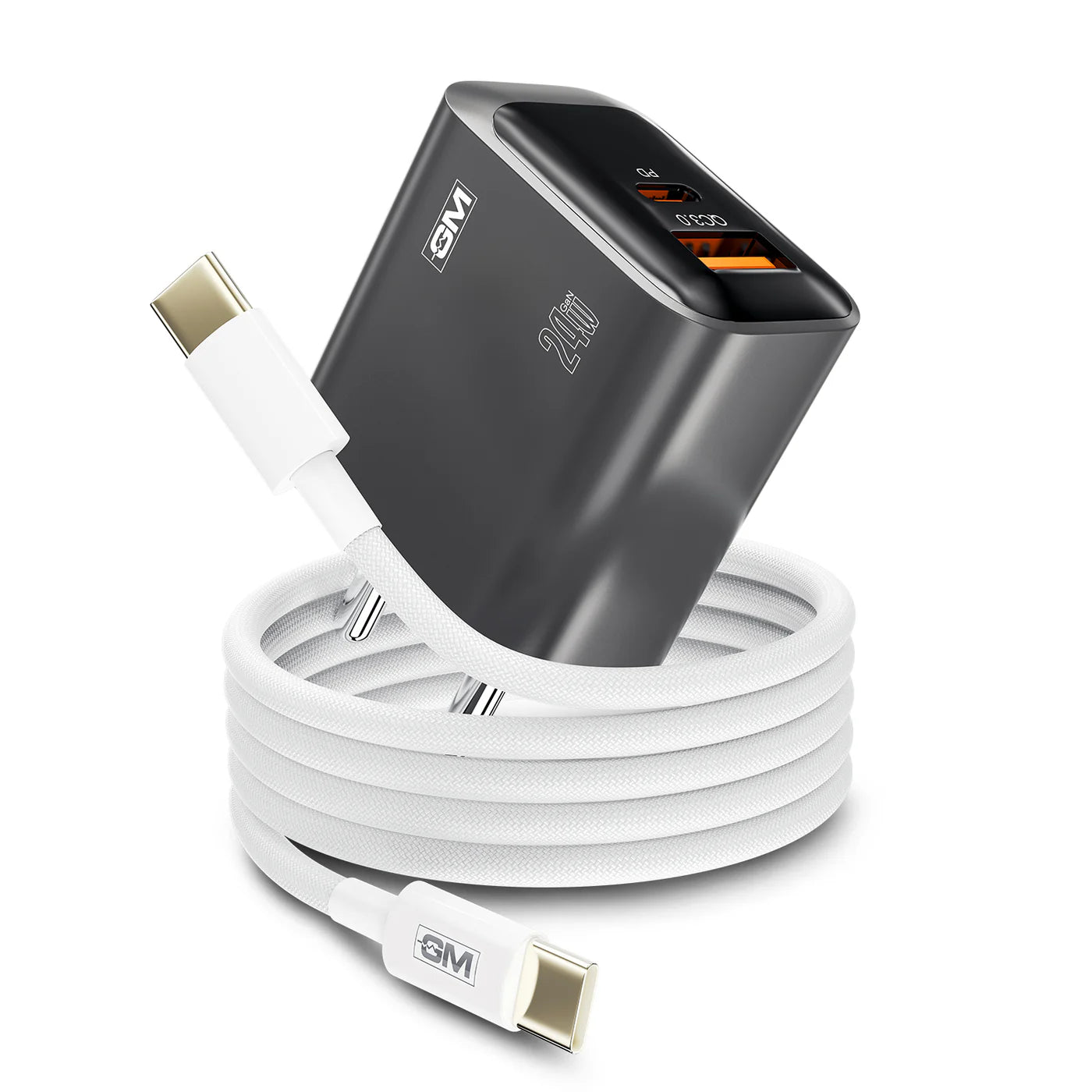 GM G+ Dual-Tone 24W GaN Fast Charging Adapter with 60W USB-C to USB-C Cable, featuring USB-C Power Delivery (PD) and USB-A QC 3.0 dual ports for fast charging smartphones, tablets, iPhone, Samsung Galaxy, Google Pixel, OnePlus, iPad, and other USB-C devices.