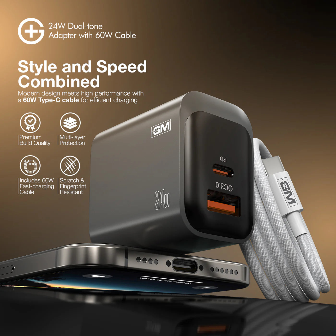 G+ Dual Tone (USB-A+C) PD Adapter - 24W with USB C-C Cable 60W