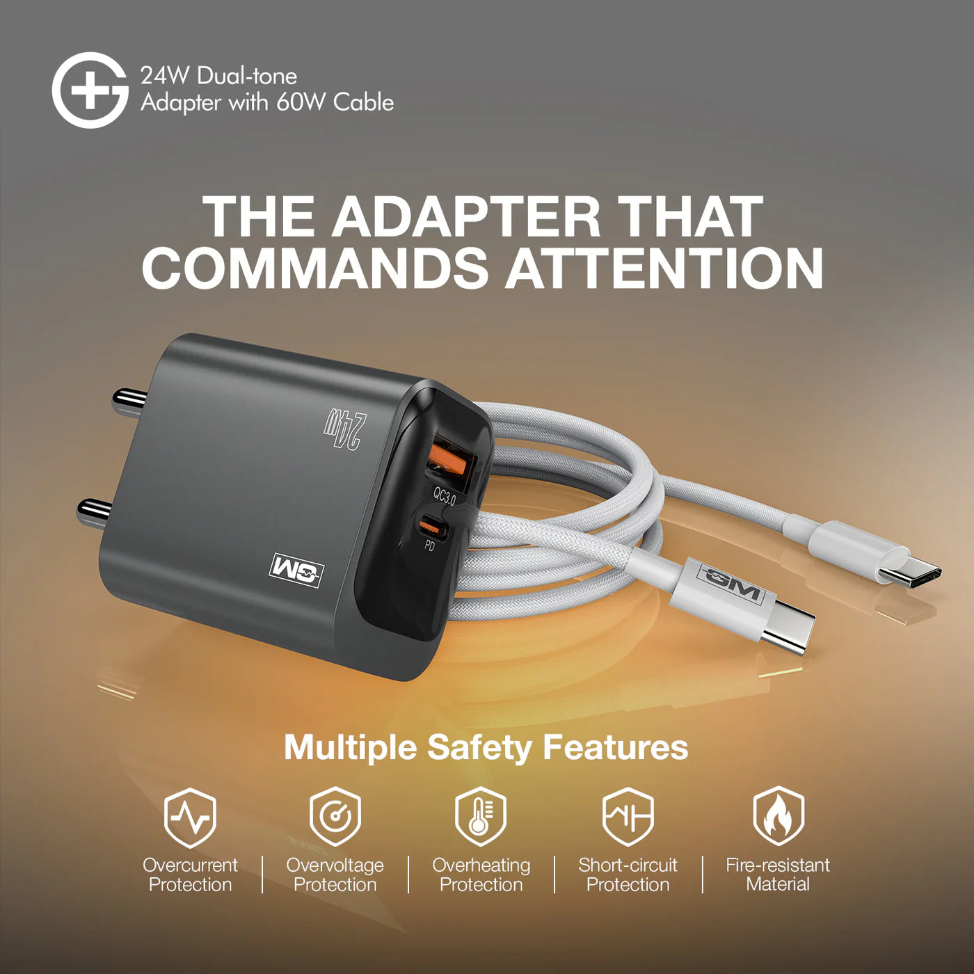 G+ Dual Tone (USB-A+C) PD Adapter - 24W with USB C-C Cable 60W