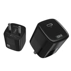 GM 25W USB-C PD Fast Charger in Black with single USB-C Power Delivery port, compact wall adapter featuring fast charging technology for iPhone, Samsung Galaxy, Google Pixel, OnePlus, iPad, AirPods, and other USB-C compatible devices.