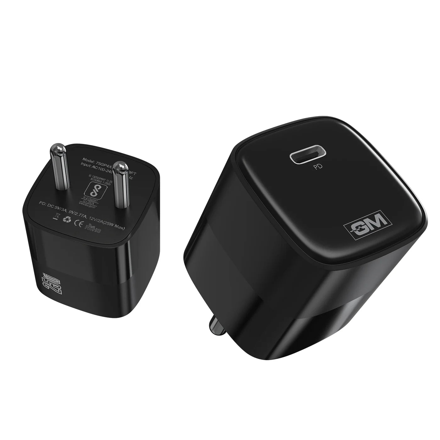 GM 25W USB-C PD Fast Charger in Black with single USB-C Power Delivery port, compact wall adapter featuring fast charging technology for iPhone, Samsung Galaxy, Google Pixel, OnePlus, iPad, AirPods, and other USB-C compatible devices.
