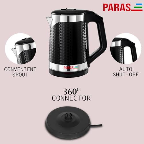 PARAS Double wall Kettle 1.8L | Diamond Cut Design| Wide Mouth | Auto Cut-off, Detachable 360 Degree Connector | Cool Touch Outer Body | Auto-Shut Off