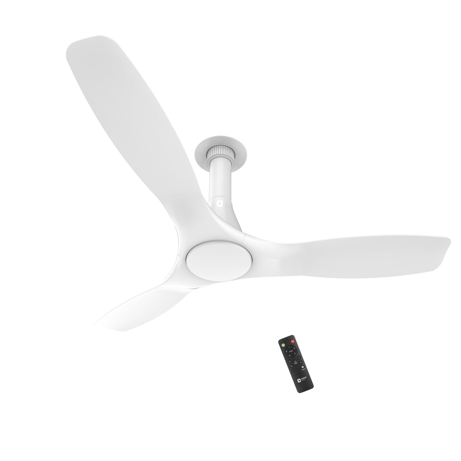 White ceiling fan with remote control on a white background