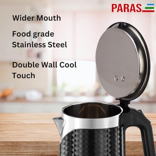 PARAS Double wall Kettle 1.8L | Diamond Cut Design| Wide Mouth | Auto Cut-off, Detachable 360 Degree Connector | Cool Touch Outer Body | Auto-Shut Off