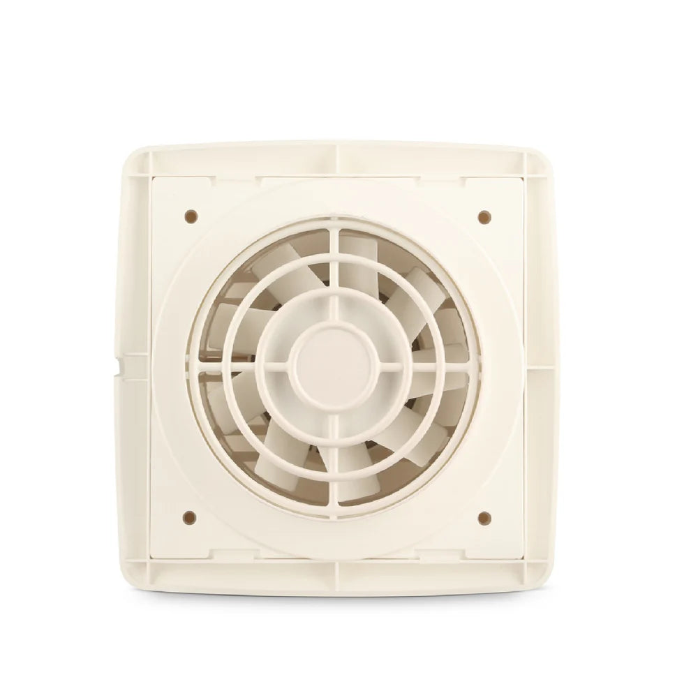 An off-white plastic exhaust fan with a circular grille and visible internal fan blades, shown against a plain white background.