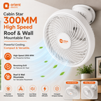 White Orient Electric Cabin Star 300mm high-speed roof and wall mountable fan shown on a light beige background with promotional text, airflow graphics, and feature icons.