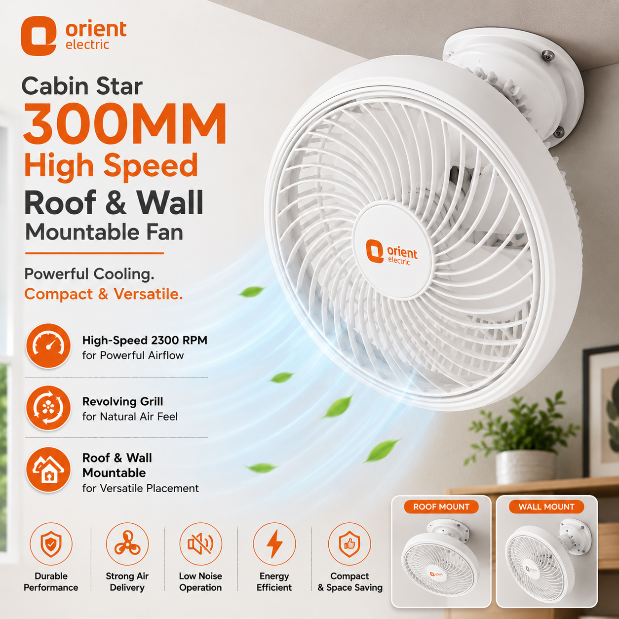 White Orient Electric Cabin Star 300mm high-speed roof and wall mountable fan shown on a light beige background with promotional text, airflow graphics, and feature icons.