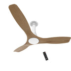 Ceiling fan with wooden blades and remote control on a white background