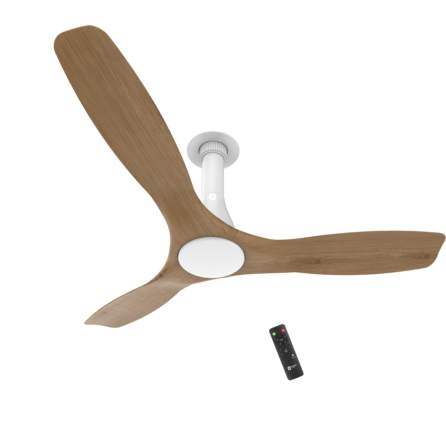 Ceiling fan with wooden blades and remote control on a white background