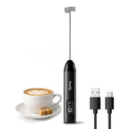 Lifelong USB rechargeable electric milk frother with a stainless steel whisk, black ergonomic handle, and Type-C charging cable, perfect for frothing milk for coffee, cappuccino, latte, hot chocolate, matcha, and protein shakes.