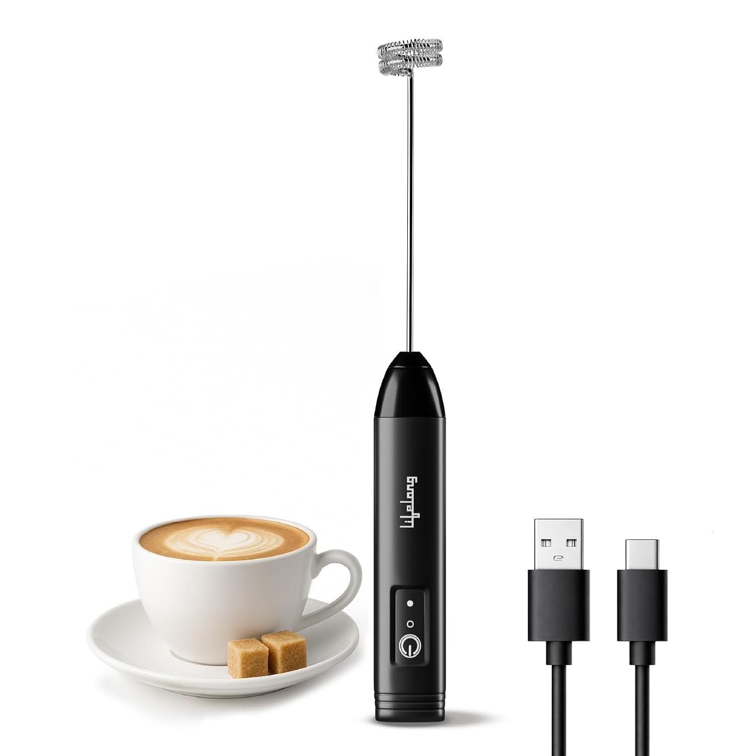 Lifelong USB rechargeable electric milk frother with a stainless steel whisk, black ergonomic handle, and Type-C charging cable, perfect for frothing milk for coffee, cappuccino, latte, hot chocolate, matcha, and protein shakes.