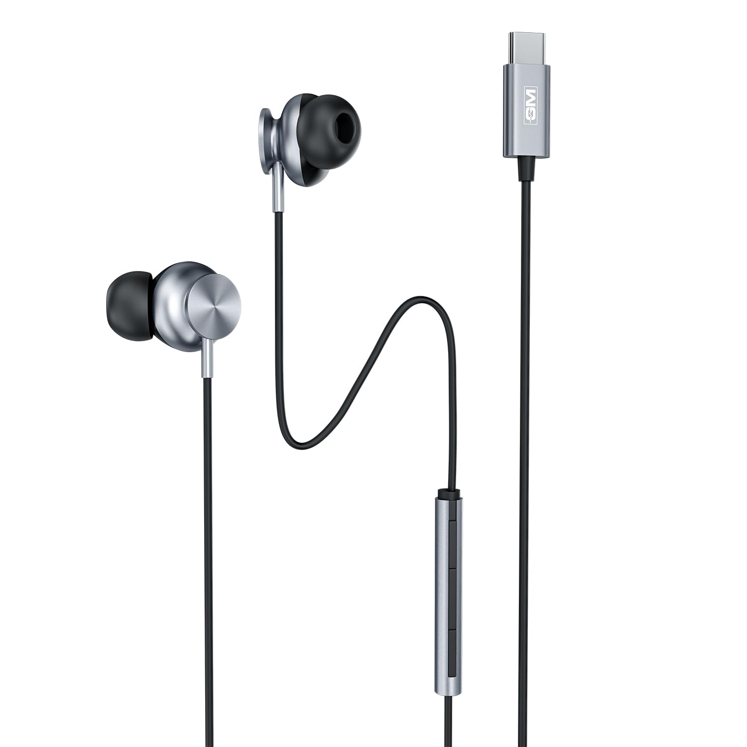 GM USB-C Wired Earphones with in-line microphone and volume controls, ergonomic in-ear design, Type-C connector, high-fidelity stereo sound, noise-isolating earbuds for smartphones, tablets, laptops, gaming, music, and hands-free calling.