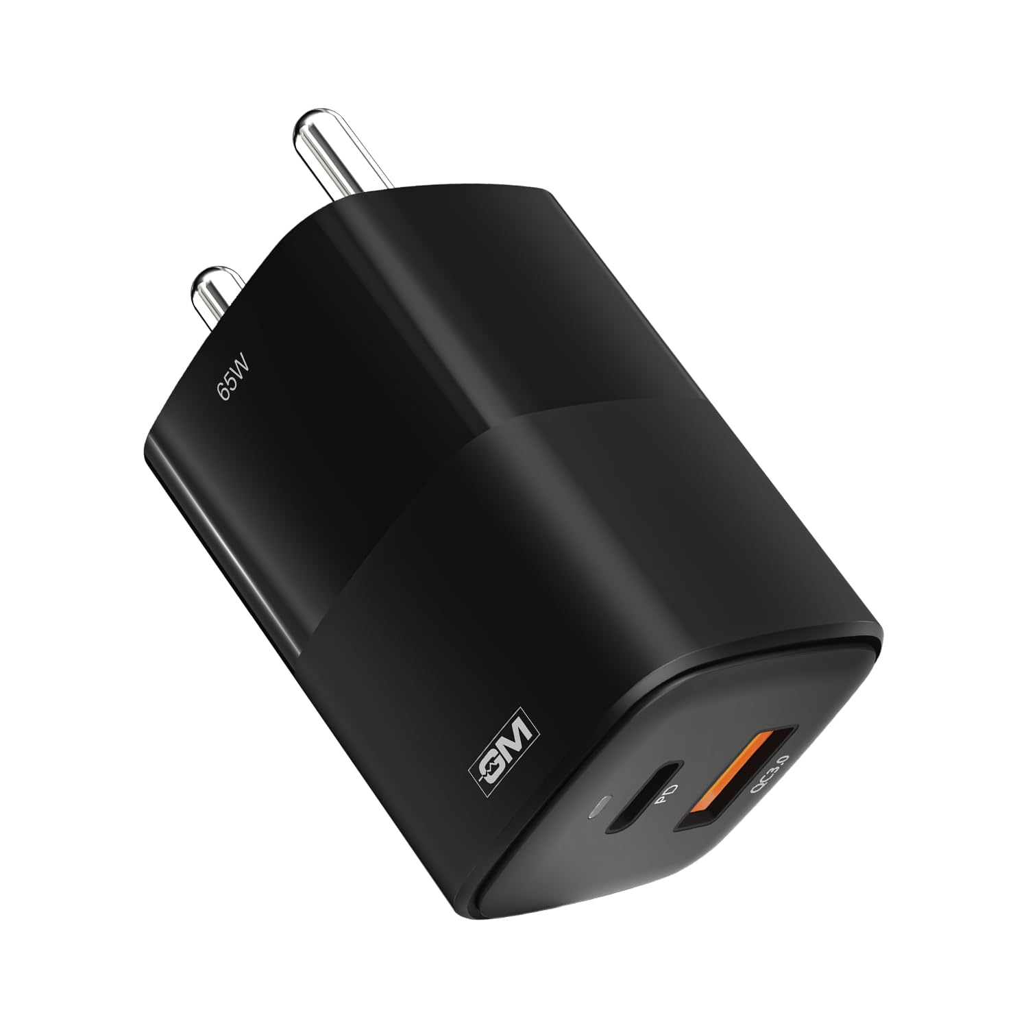 GM 65W GaN Fast Charger with USB-C Power Delivery (PD) and USB-A Quick Charge 3.0 (QC 3.0) ports, compact dual-port wall adapter for fast charging laptops, smartphones, tablets, MacBook, iPhone, Samsung Galaxy, iPad, and other USB-powered devices.