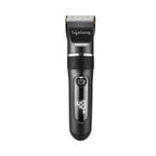 Front view of the Lifelong LLPCM17 Ace Pro Rechargeable Hair Clipper in black with a digital LED battery display, stainless steel precision blades, adjustable cutting length dial, and ergonomic cordless design for hair and beard grooming.