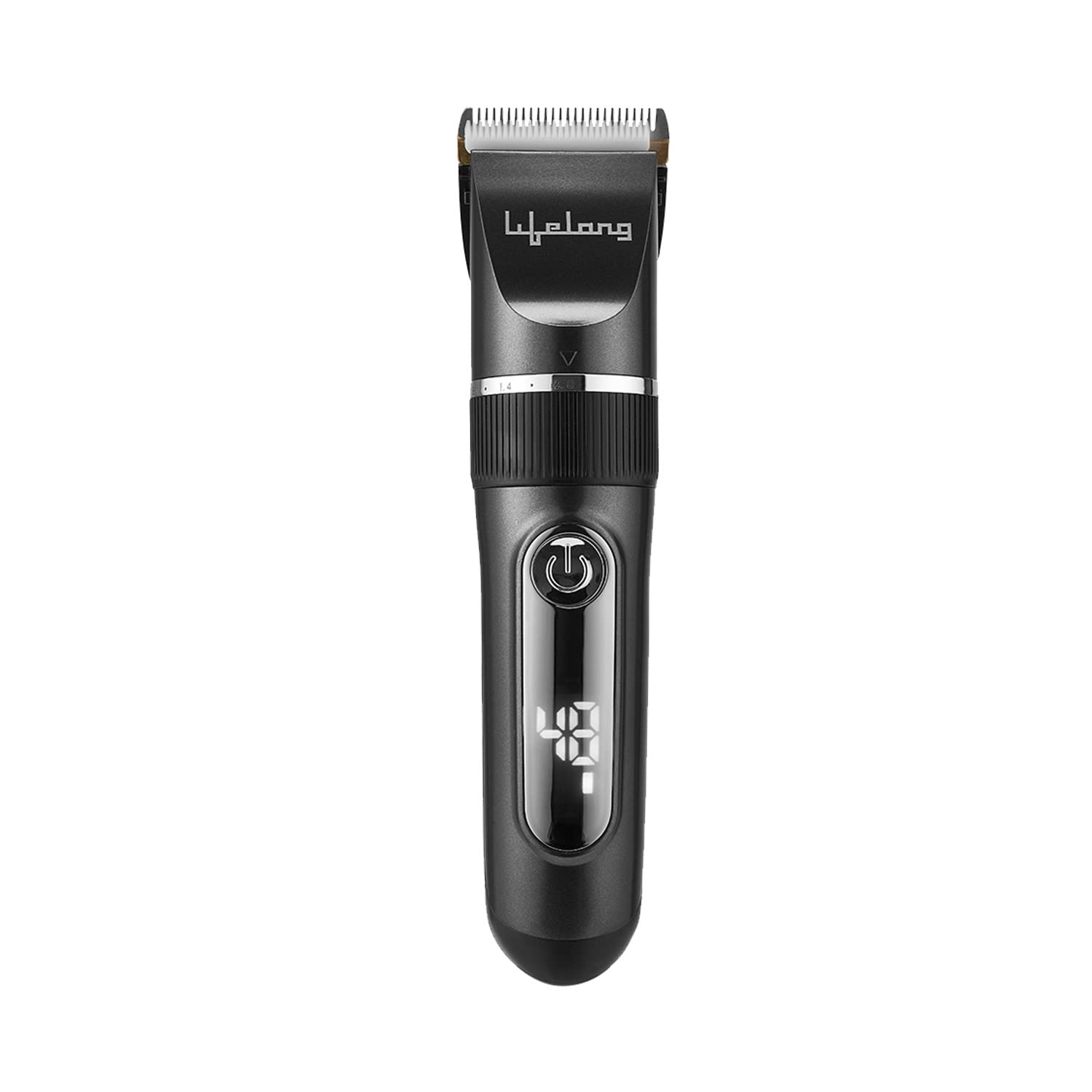 Front view of the Lifelong LLPCM17 Ace Pro Rechargeable Hair Clipper in black with a digital LED battery display, stainless steel precision blades, adjustable cutting length dial, and ergonomic cordless design for hair and beard grooming.