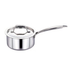 MAXIMA Triply Stainless Steel Sauce Pan with matching stainless steel lid and long ergonomic handle, induction-friendly cookware designed for even heat distribution, boiling milk, making tea, sauces, soups, and everyday cooking.