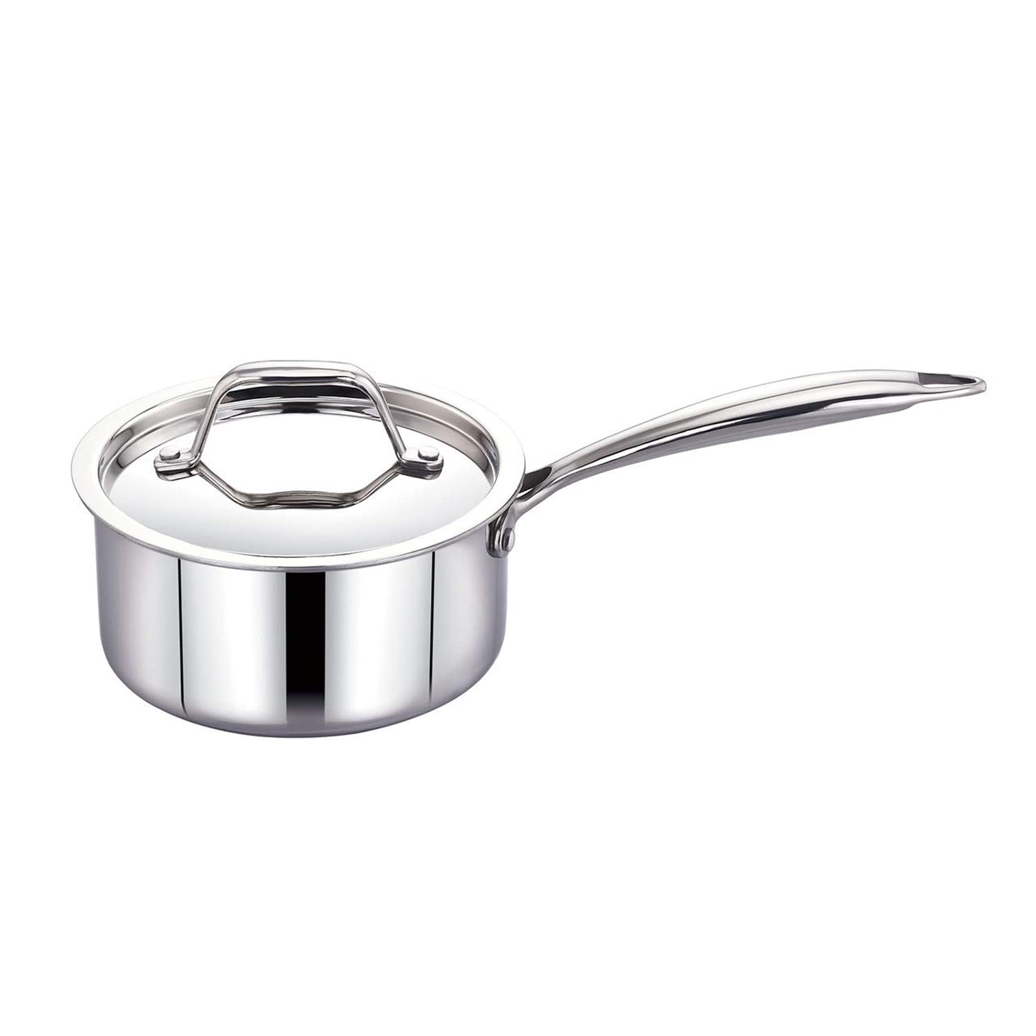 MAXIMA Triply Stainless Steel Sauce Pan with matching stainless steel lid and long ergonomic handle, induction-friendly cookware designed for even heat distribution, boiling milk, making tea, sauces, soups, and everyday cooking.