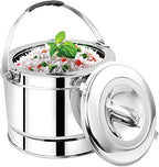 Stainless steel picnic pot with a secure lid and sturdy carrying handle, designed for storing and transporting hot or cold food. Made in India with a polished mirror finish, this durable food storage container is ideal for picnics, travel, camping, outdoor dining, and home kitchen use.