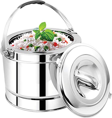 Stainless steel picnic pot with a secure lid and sturdy carrying handle, designed for storing and transporting hot or cold food. Made in India with a polished mirror finish, this durable food storage container is ideal for picnics, travel, camping, outdoor dining, and home kitchen use.