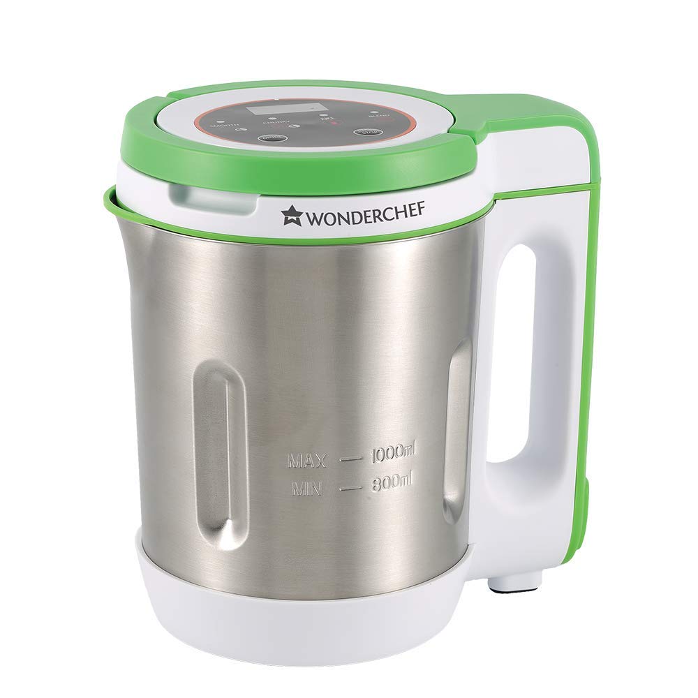Wonderchef Automatic Soup Maker with a 1L stainless steel jar, digital touch control panel, and ergonomic handle. Ideal for preparing soups, smoothies, milkshakes, baby food, purees, and hot beverages quickly at home.