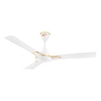 A modern three-blade ceiling fan in white with gold accents, shown against a plain white background.