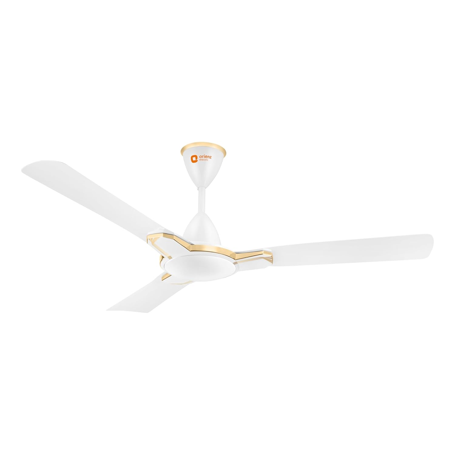 A modern three-blade ceiling fan in white with gold accents, shown against a plain white background.