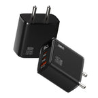 GM 35W GaN Fast Charger with dual USB-C Power Delivery (PD) ports and USB-A Quick Charge 3.0 (QC 3.0) port. Compact 3-port wall adapter delivering 35W fast charging for iPhone 16/15 Series, Samsung Galaxy, MacBook Air, iPad, Google Pixel, OnePlus, tablets, and other USB-C devices.