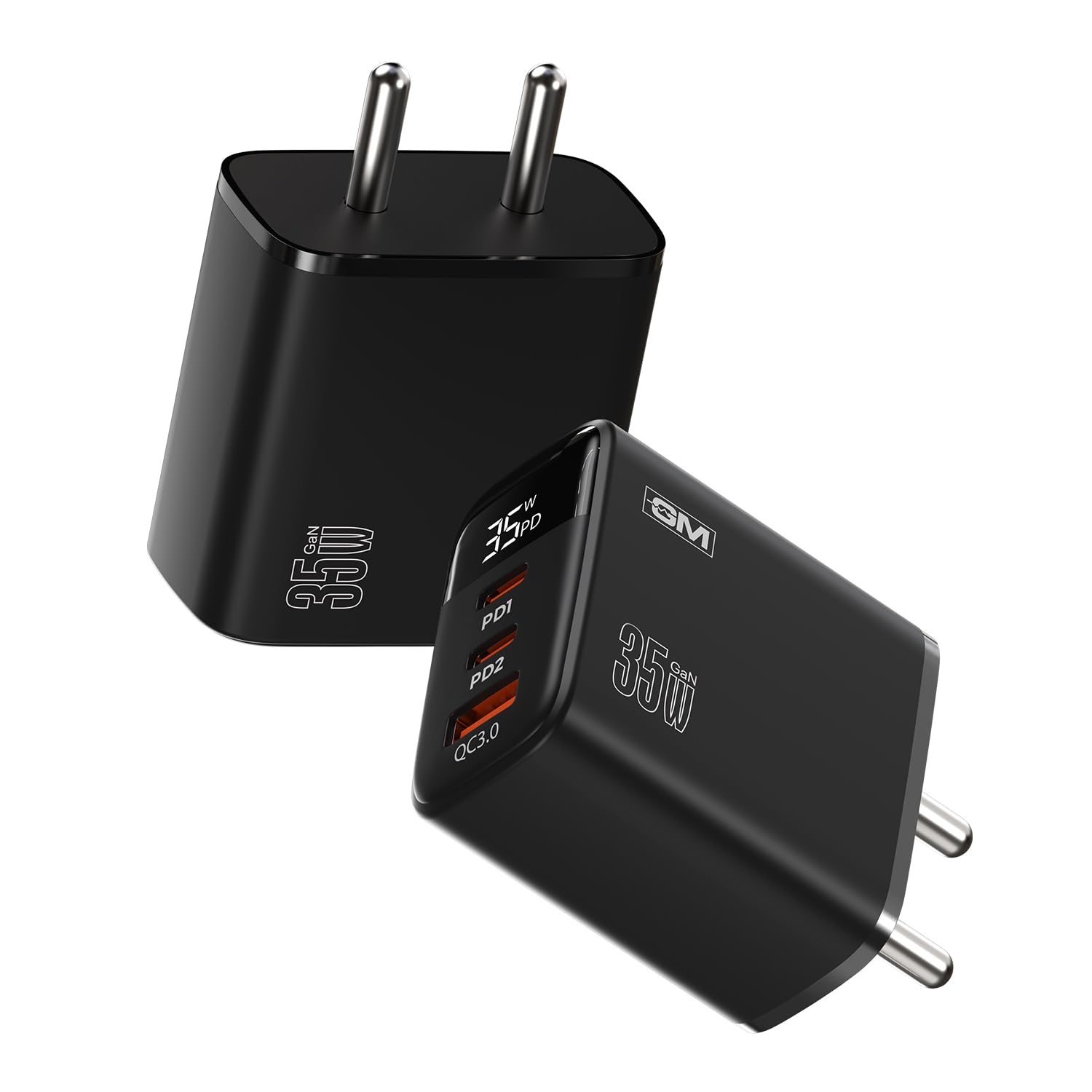 GM 35W GaN Fast Charger with dual USB-C Power Delivery (PD) ports and USB-A Quick Charge 3.0 (QC 3.0) port. Compact 3-port wall adapter delivering 35W fast charging for iPhone 16/15 Series, Samsung Galaxy, MacBook Air, iPad, Google Pixel, OnePlus, tablets, and other USB-C devices.