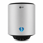 A cylindrical stainless steel water heater or boiler by Orient Heater, featuring a brushed silver body with black top and bottom caps, and a blue 5-year warranty badge on the front.