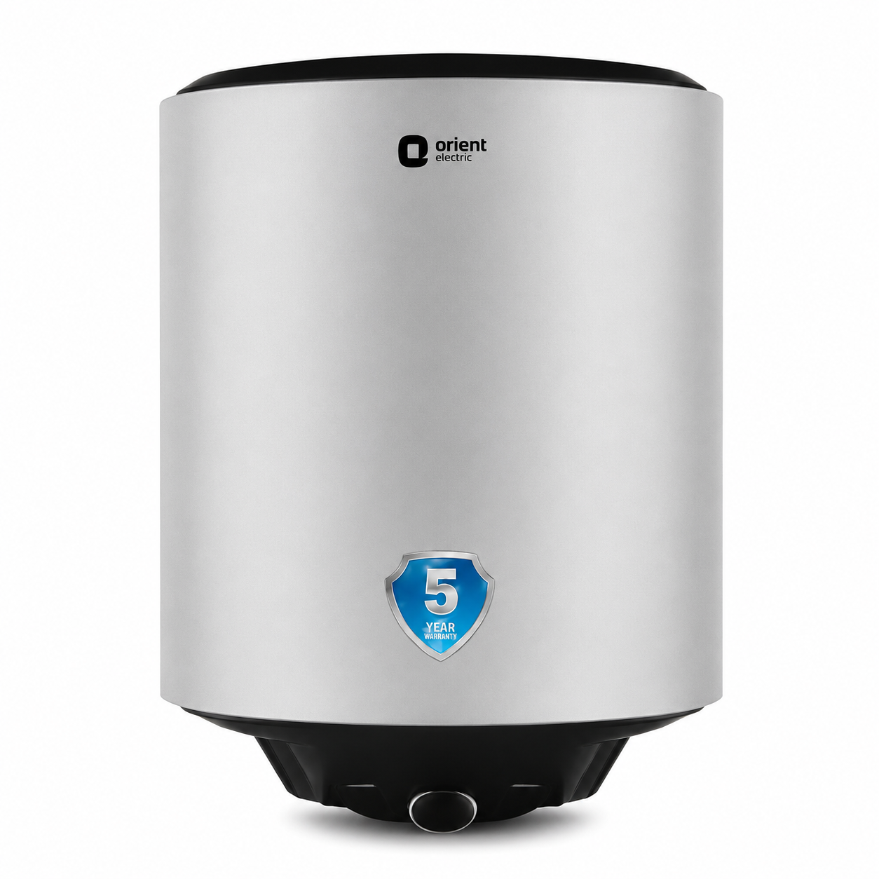 A cylindrical stainless steel water heater or boiler by Orient Heater, featuring a brushed silver body with black top and bottom caps, and a blue 5-year warranty badge on the front.