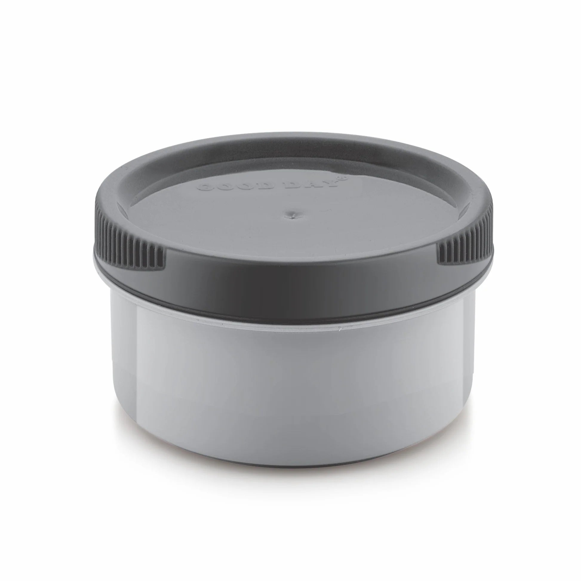 A gray plastic food storage container with a matching gray screw-on lid, shown on a clean white background.