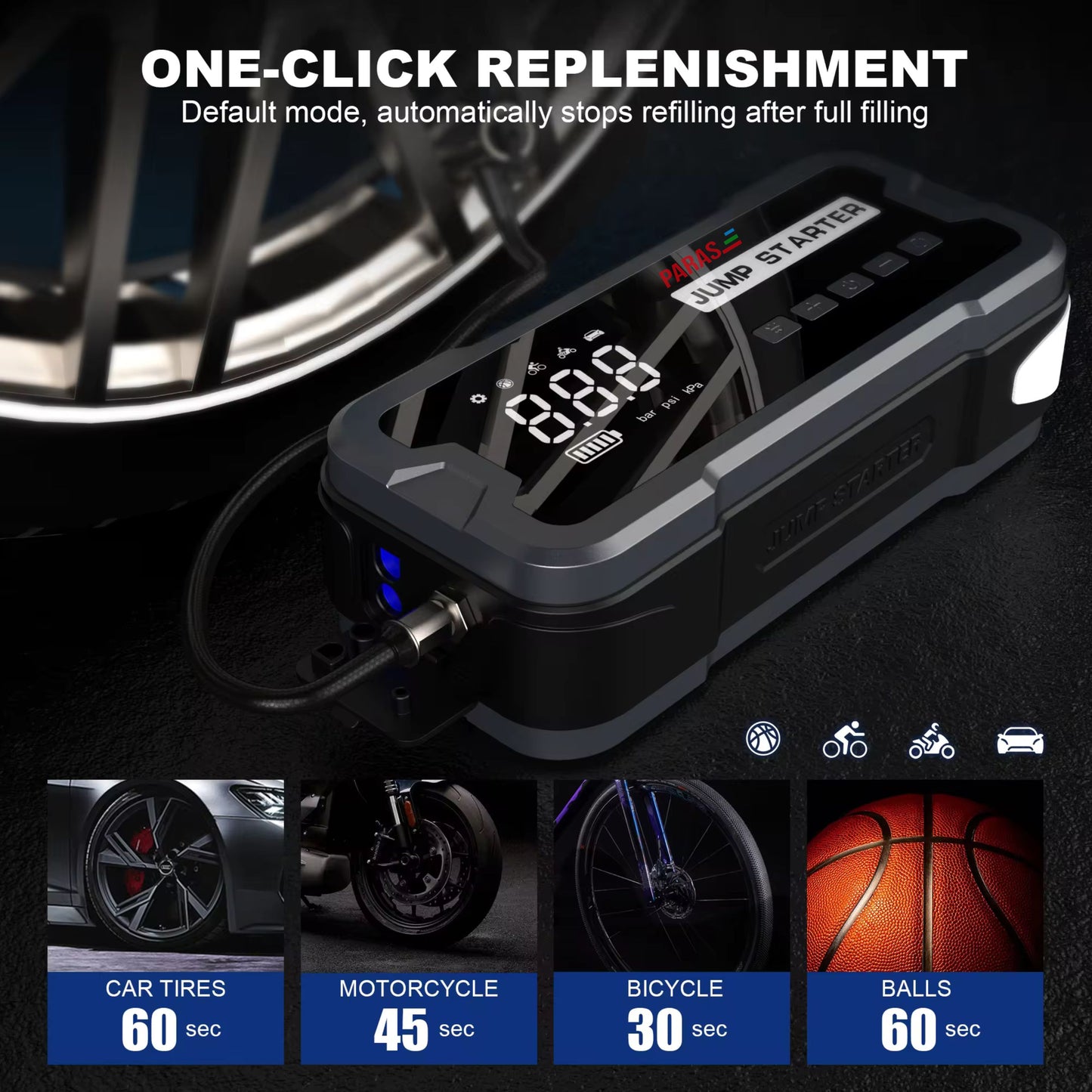 PARAS 2 in 1 Jump starter and Tyre Inflator | 16000 mAH | Emergency start | Tyre Inflator