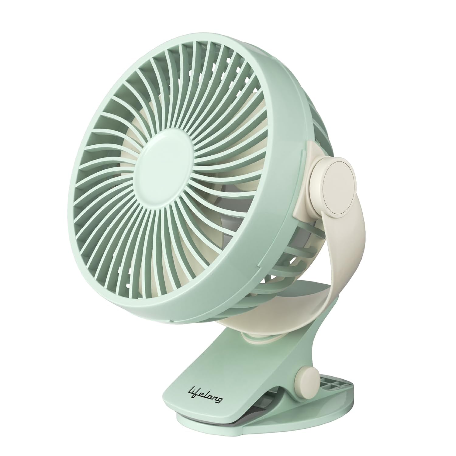 Lifelong Portable USB Fan LLUSBCF04 in Matcha Green with adjustable tilt, 3-speed airflow, rechargeable 2000mAh battery, Type-C charging, and compact clip-on design for home, office, travel, and study.