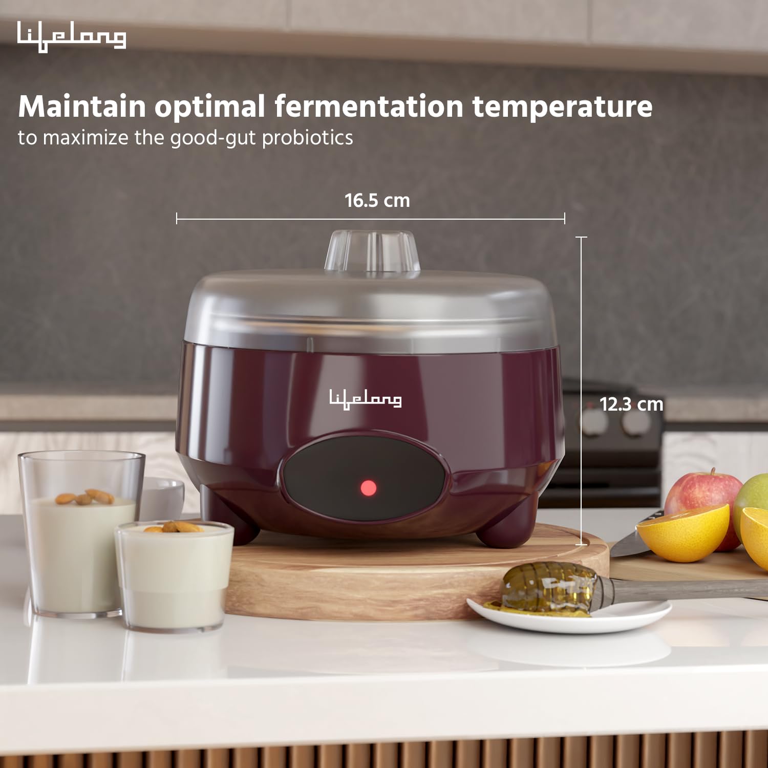 A dark burgundy and silver yogurt maker with dimension lines showing 16.5 cm width and 12.