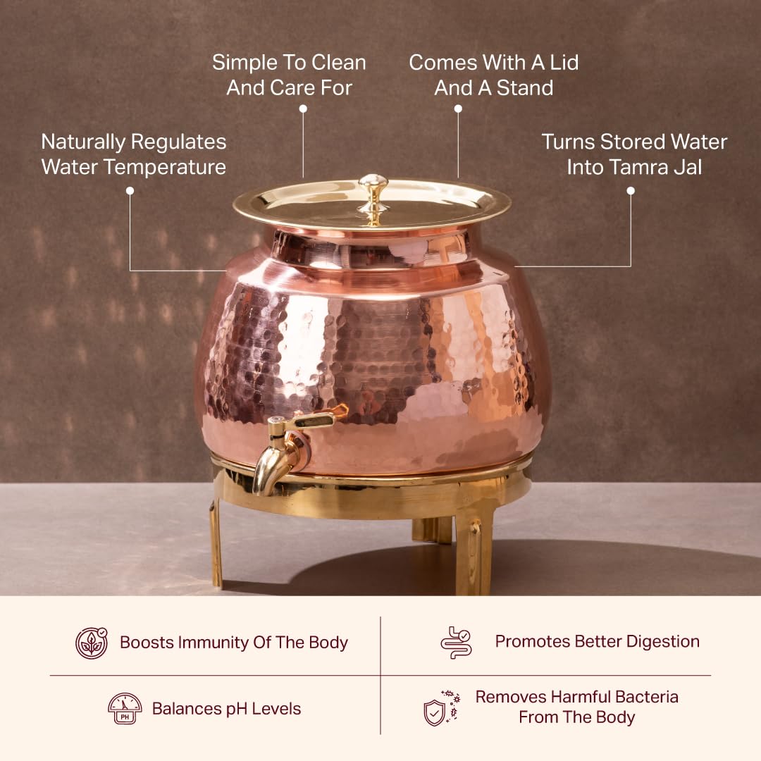 Paras Premium Hammered Copper Water Dispenser with Brass Lid & Stand, 5L
