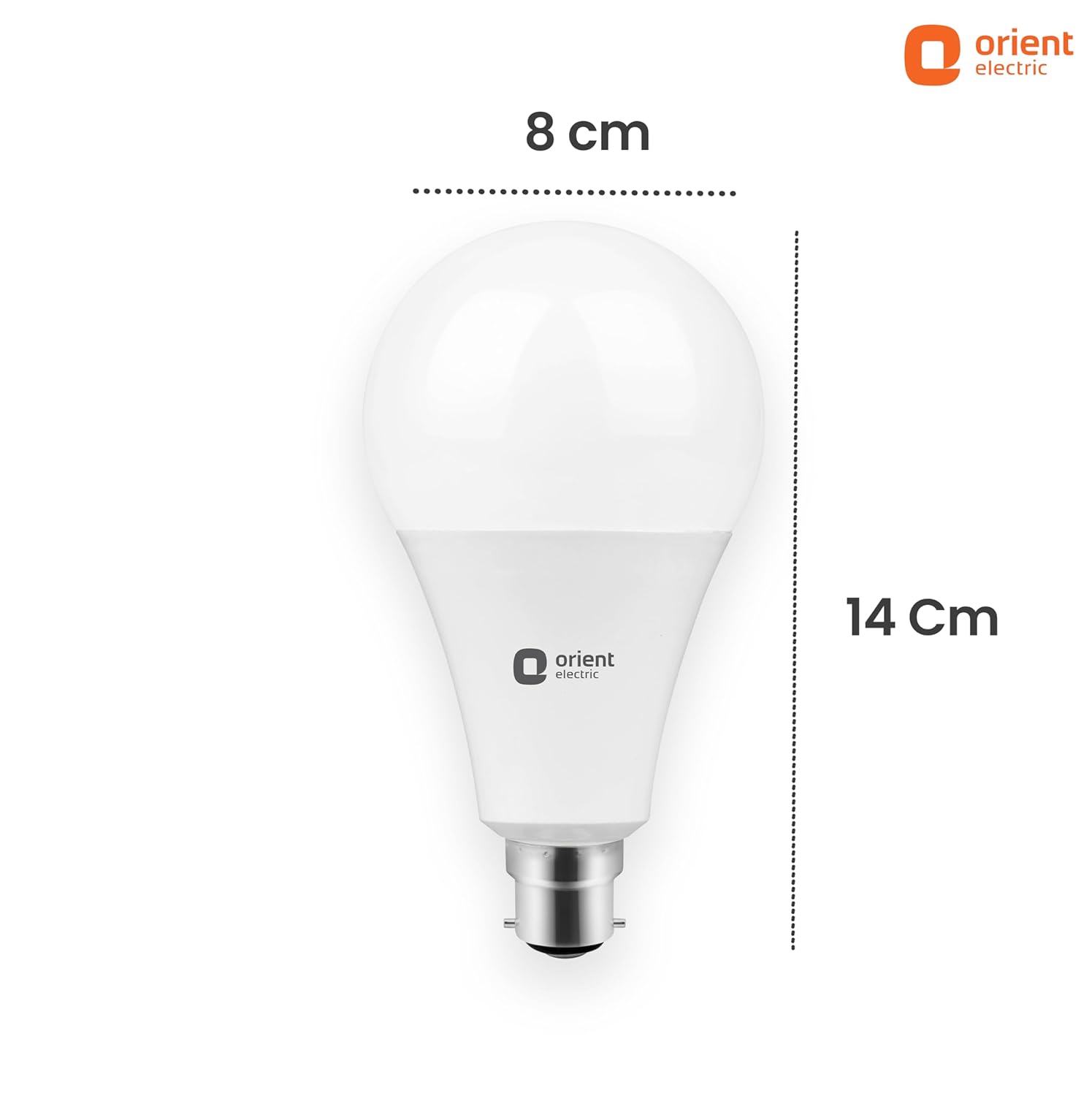 A white LED light bulb with a bayonet base, shown with dimension markings indicating a height of 14 cm and a width of 8 cm. The Orient Electric brand logo is visible on the bulb and in the top right corner.