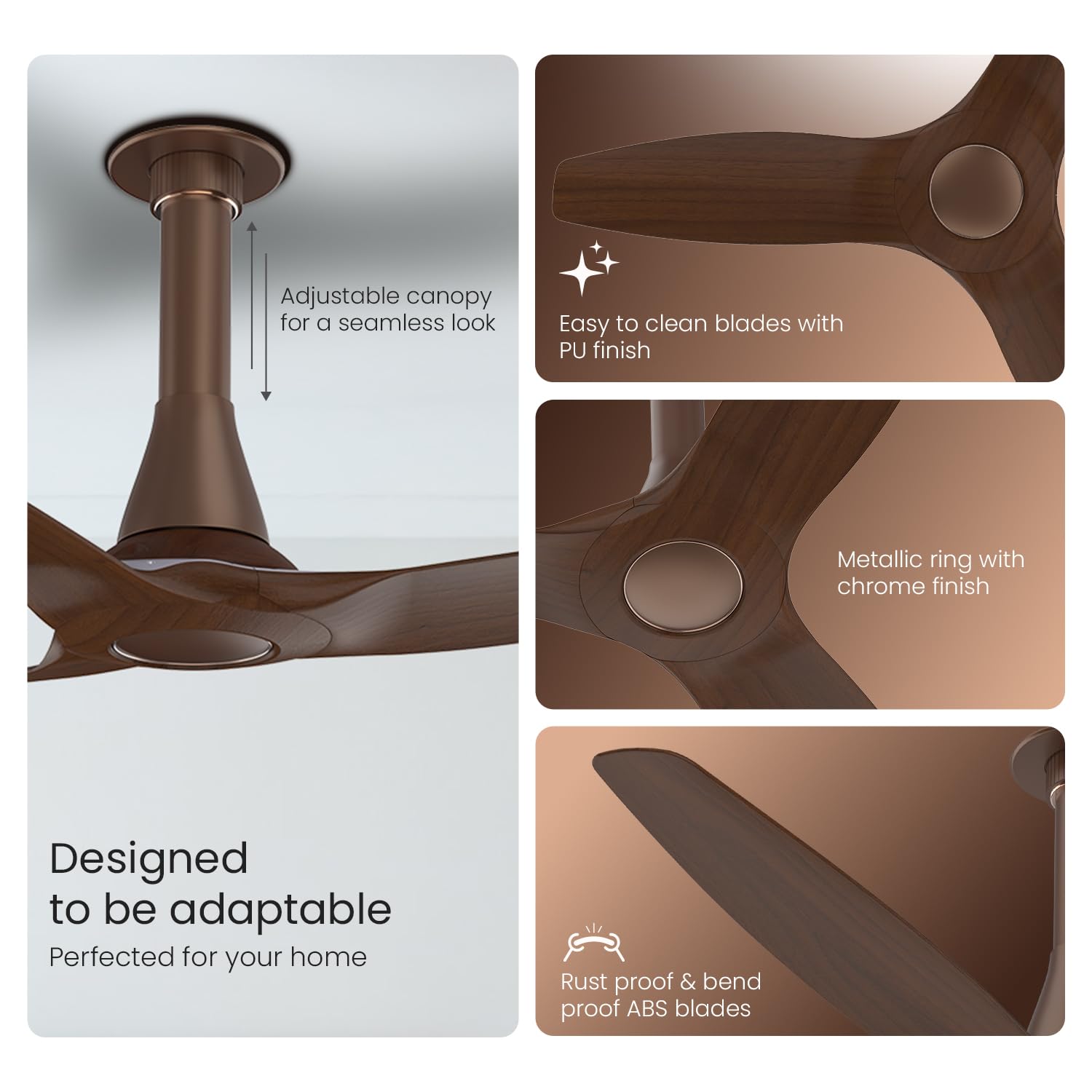 Ceiling fan with features highlighted on a white background